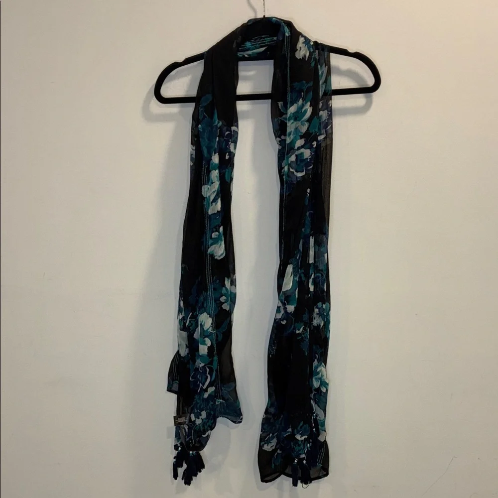 Tassel Floral Black and Teal Scarf